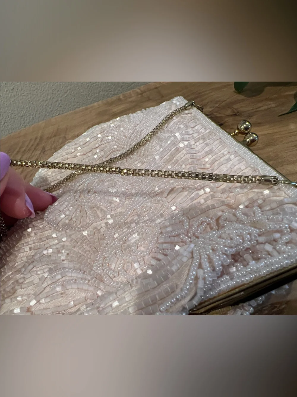 Vintage Beaded Cream Colored Evening Clutch with Gold Chain Strap